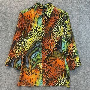 YANSI FUGEL Top Women's Large Black Orange Animal Print Button Down 3/4 Sleeve